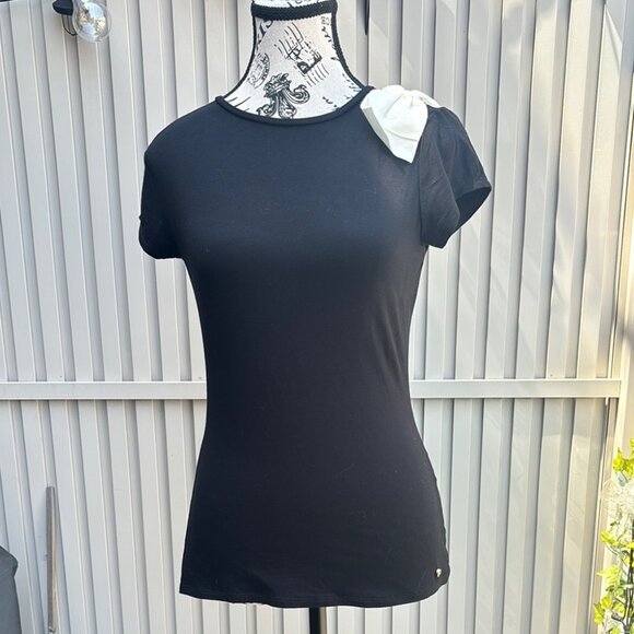 Ted Baker London Black Fitted T-Shirt Large White Bow Shoulder Detail - Picture 1 of 11